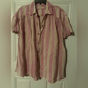 We The Free Pink and Cream Striped Button Down Shirt